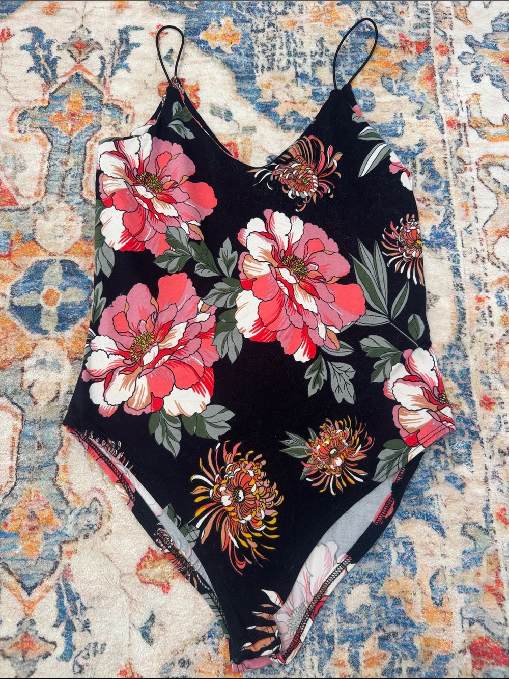 Gaze Black Floral Bodysuit Size S 90s Y2K Spaghetti Strap